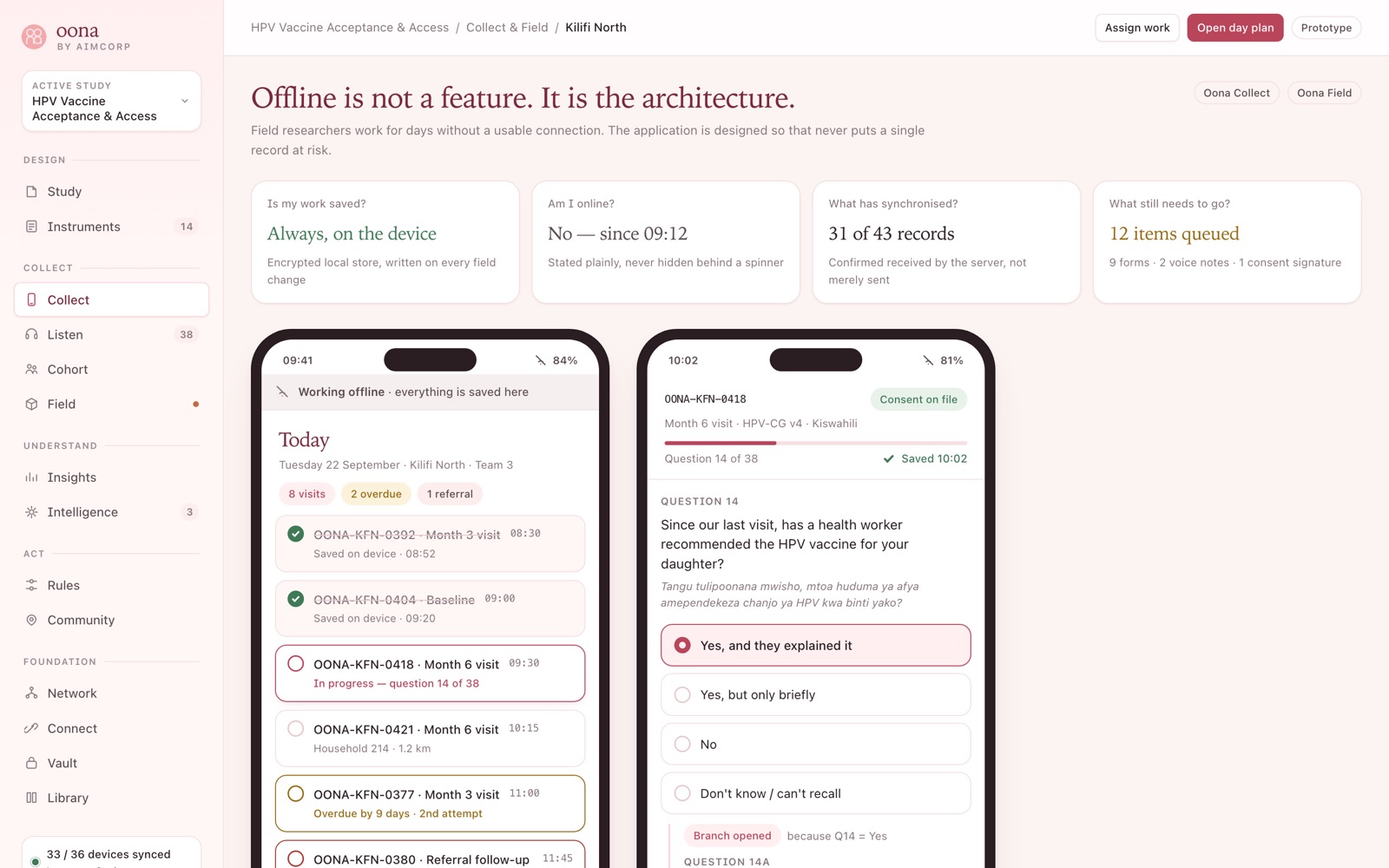 Oona Collect and Field, showing field team status and synchronisation state