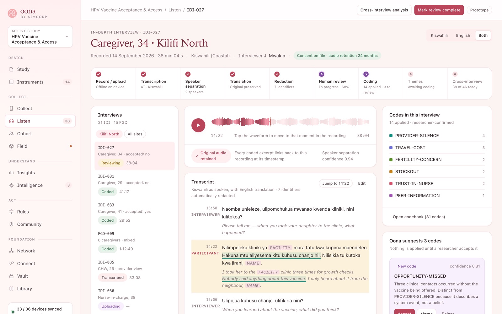 Oona Listen, showing qualitative transcripts in parallel languages with coding and themes